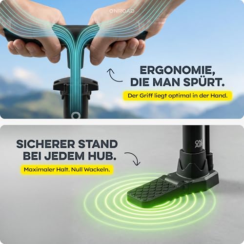 Fahrradpumpe alle Ventile (Presta/SV, AV, DV) – Luftpumpe Fahrrad ON‑AIR COMPACT mit großem Manometer, Adaptern & Ballnadel - Kompakte Pumpe für Unterwegs, Standpumpe für E‑Bike & Motorrad