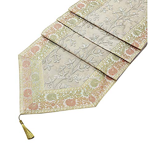 Image of Polyester Blend White & Gold Table Runner Coffee Table Mat 6 Feet Ari Zari Embroidered Rajasthani Brocade Satin Traditional Long Runner Up With Tassels Centre Tablecloth, Small