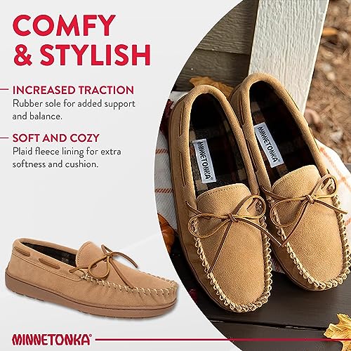 Minnetonka Plaid Lined Hardsole - Moccasin Slippers for Men Made with Suede Upper, Rubber Sole, Plush Interior, Fleece Lining, Rawhide Lace, and Traditional Moccasin Design4