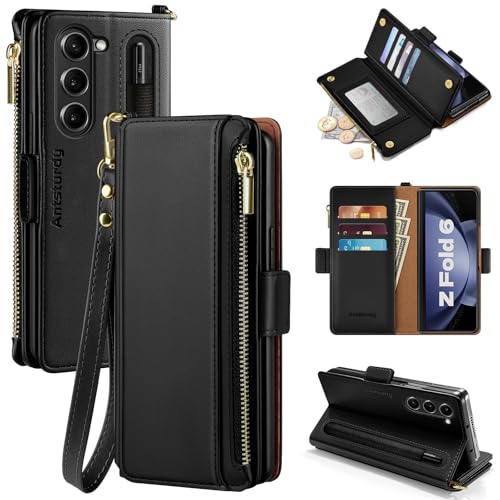 Antsturdy Compatible with Samsung Galaxy Z Fold 6 Case Wallet Women with【S Pen Holder】 Phone Case with Card Holder Strap PU Leather RFID Blocking Flip Protective Cover Credit Slots Men,Black by Antsturdy - Used condition - US$14.94