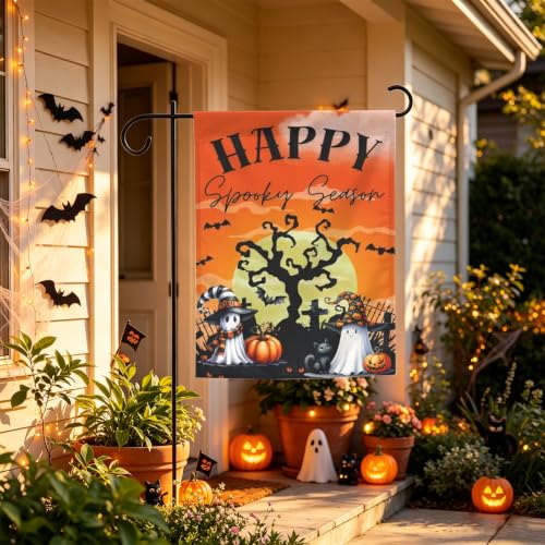 Image of Happy Spooky Season Halloween Garden Flag 12x18 Inch Double Sided Ghost Pumpkin Outdoor Decor Yard Flag