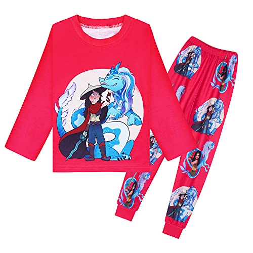 Dragon Mädchen-Schlafanzug-Set, Kinder-Pyjama, niedlicher Cartoon-Druck, Nachtwäsche, Tops und Hosen, rose, 5-6 Jahre Cover