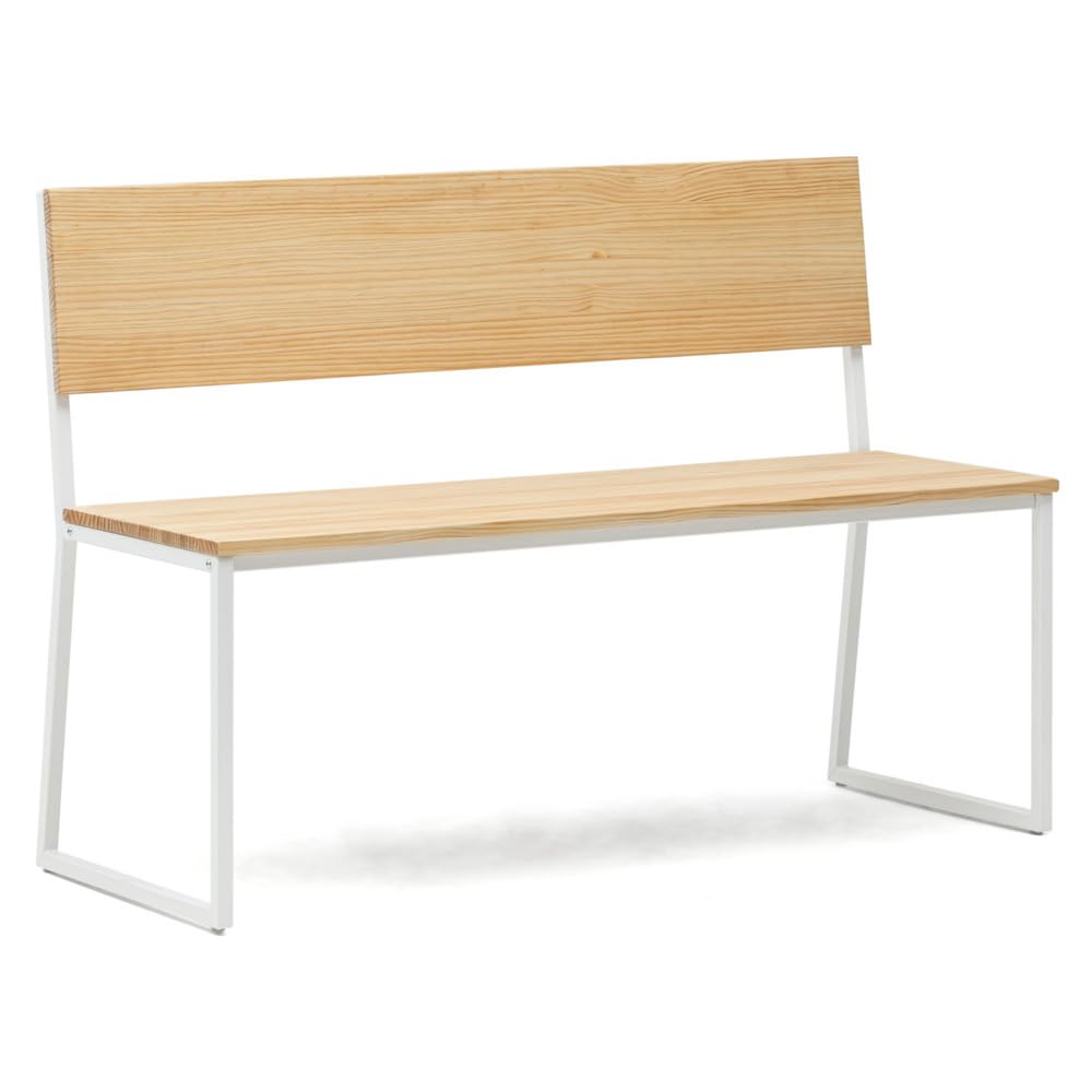 BOX FURNITURE Banco Industrial con Respaldo, Madera de Pino Natural, Blanco, 104x44x86 cm, Acero Lacado, Estilo Nórdico Industrial