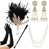 Mezchi 5 Pack 1920s Gatsby Flapper Accessories Set, 20s Party Costume Headband for Women, Feather Flapper Headpiece, Pearl Necklace and Earrings, Gloves, Faux Holder