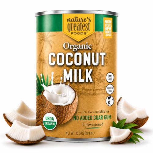 Nature's Greatest Foods Organic Coconut Milk - 13.5 oz, No Guar Gum, No Preservatives Gluten-Free, Vegan and Kosher - 17-19% Coconut Milk Fat, Unsweetened (12-Pack)