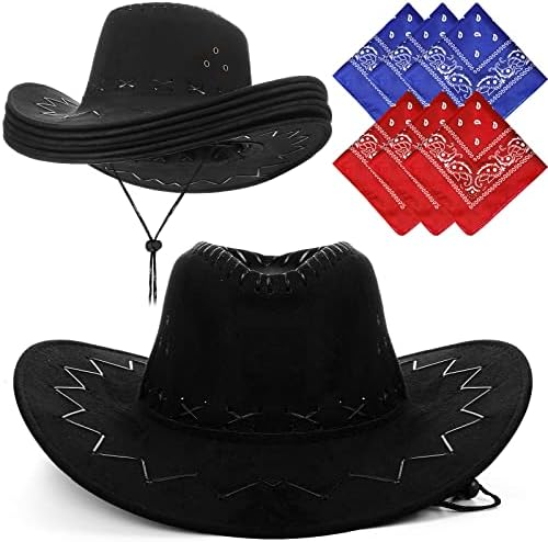 Zhanmai Western Cowboy Hat with Bandanna 12 Pieces Cowboy Party Hats Bandannas Pack Halloween Party Cowboy Costume Birthday Party (Black)