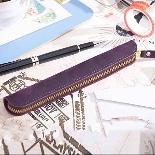 Image of Retro Crazy Horse Genuine Leather Stationery Pencil Case Storage Bag Casual Stationery Box (Purple)