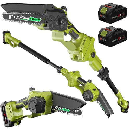 Grovecraft 2-IN-1 Cordless Pole Saw & Mini Chainsaw, Two 4.0Ah Battery Powered 6 Inch Electric Pole Chainsaw, 15Ft MAX Reach Pole Saw for Tree Trimming