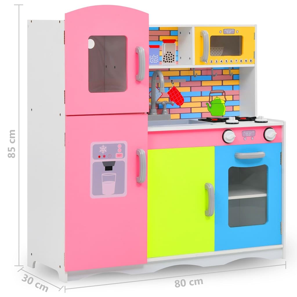 Kinderspielküche MDF mit Mikrowelle, Herd, Spüle und Kühlschrank 80 x 30 x 85 cm Mehrfarbig, pädagogisches Rollenspiel Zubehör für Kleinkind Mädchen Junge, Motorik Förderung