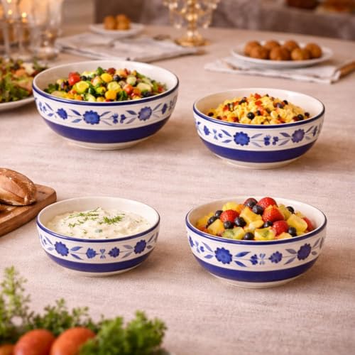 Image of Ceramic Mixing Bowl Set 4 Pieces 1500ml 800ml 600ml 400ml Blue Flower Durable Microwave Safe Dishwasher Safe Mixing Serving Storage