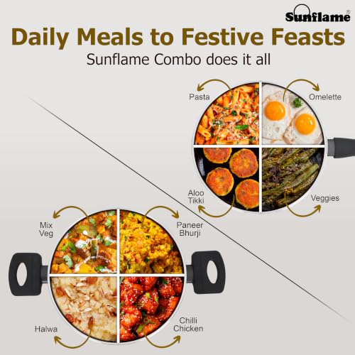 Image of Sunflame 3 Pcs Ceramic Non-Stick Cookware Combo | Kadhai 24 cm, Fry Pan 24 cm, Glass Lid | No PFOA, PFAS, PTFE | Induction and Gas Stove Compatible | 2 Year Warranty by Sunflame