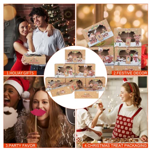 12 Pack Christmas Cookie Boxes, Foldable Treat Box with Window, for Pastries, Cupcakes, Candy and Gift Giving, Food Grade Kraft Bakery Boxes, Reindeer Santa Cookie Boxes, Style A