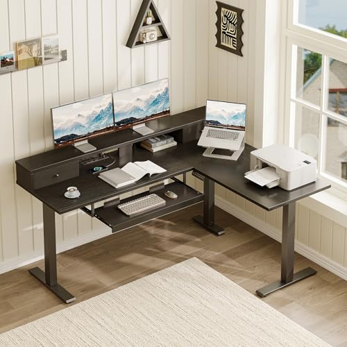 Image of Casaottima 59 Inch Electric L-Shaped Standing Desk with Drawers, Height Adjustable Stand Up Corner Desk with Monitor Stand & Keyboard Tray, Lift Table for Home Office, Workstation, Black