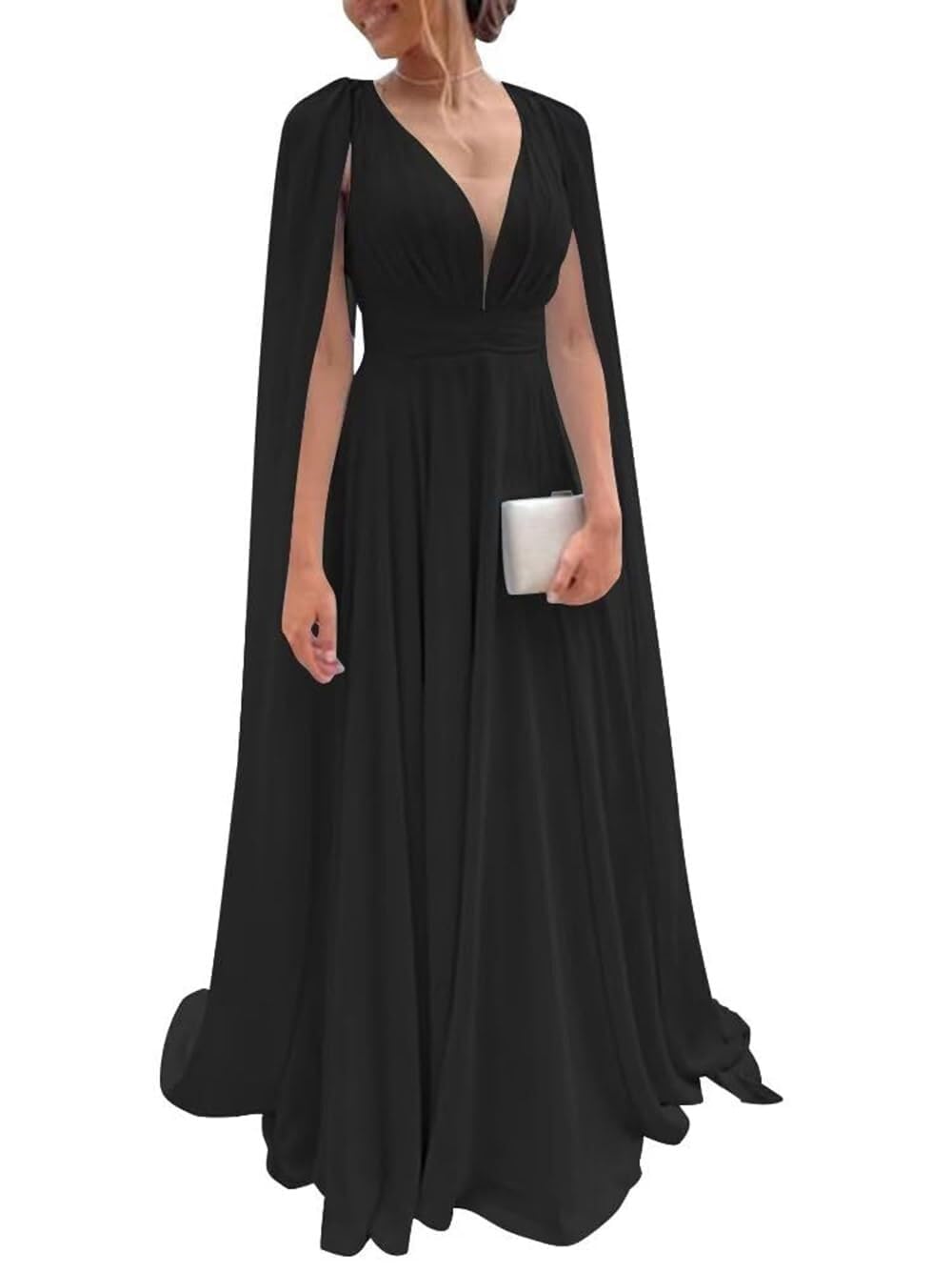 Chiffon Bridesmaid Dress for Women Cape Sleeve V-Neck Formal Evening Gowns with Pocket LBC020