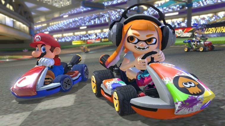 Inkling Girl from Splatoon driving a kart with a headset on, next to Mario.