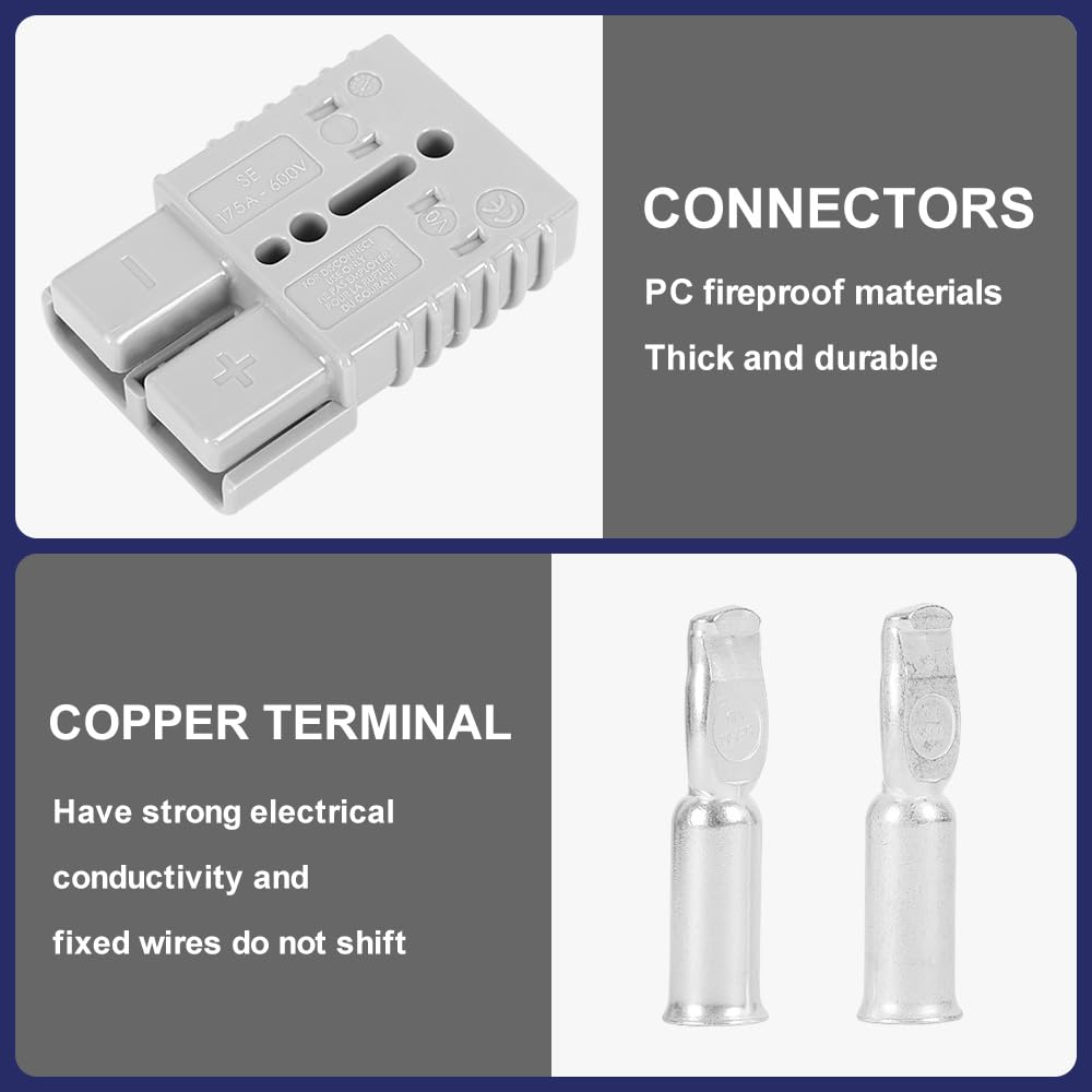 Conector de batería de 175 amperios, 600 V, conector de batería de 175 A, color gris, 6 unidades de 1/0 AWG