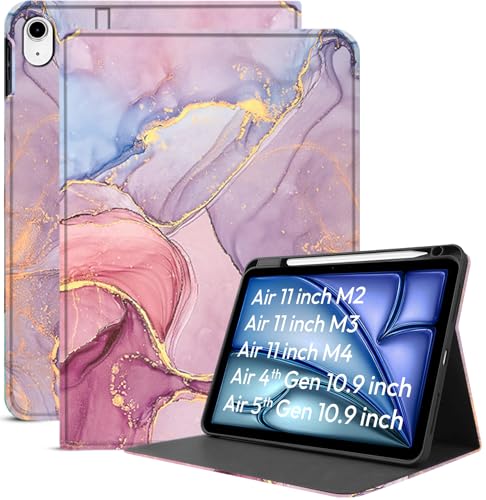 Image of Robustrion Case Cover for iPad Air 11 inch M4 / M3 / M2 (2024 /2025) / iPad Air 5th Generation Cover / 4th Gen 10.9 inch with [Pencil Holder Right Side] [Auto Sleep Wake] Folio Cover Case - Marble Pink