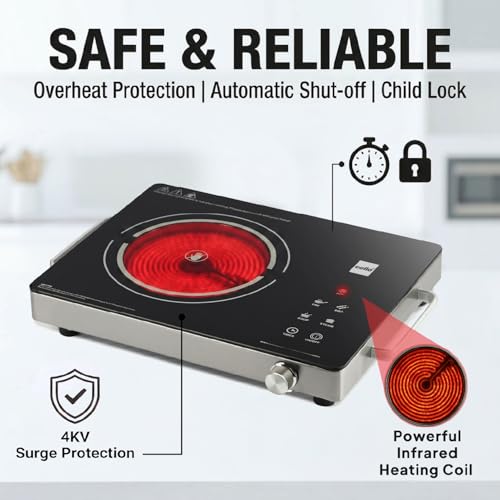 Image of CELLO Blazing Heat Max Infrared Cooktop Stove 2200W Black | Crystal Glass Top Plate, Digital Display, Sensor Touch Controls, 4 Preset Menu & 4KV Surge Protection | For Frying Boiling | 1 Year Warranty