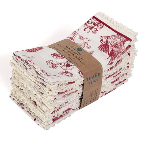 Image of FINGERCRAFT Printed Cloth Napkins Cotton Linen Blend Fabric Set of 12 with Classic Lace 20x20 Inch Dinner Napkin Durable and Good Absorbency for Home, Hotels, Parties (Toile Red)