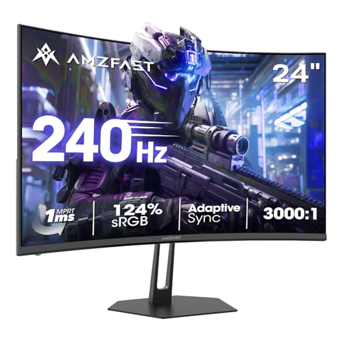 Image of Amzfast 24 inch Curved Gaming Monitor, 240Hz 1ms 1080P, Adaptive Sync, 124% sRGB, 3000:1, HDR, 1500R, HDMI 2.0 & DP 1.4, Ultra-Slim Base - Keyboard Slides Underneath, Desk Space Saved - AMZG24C1 Pro