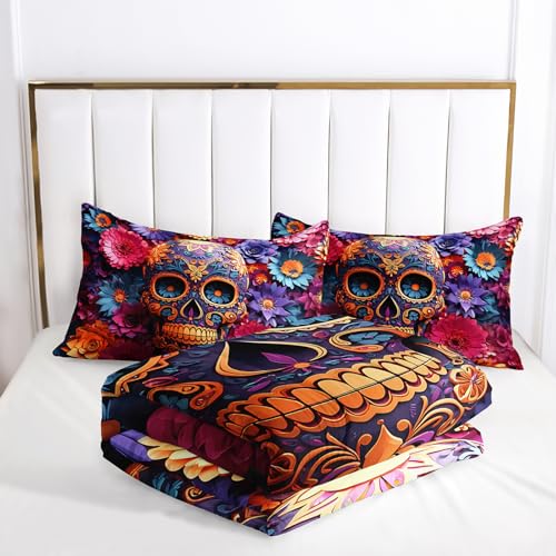 Image of Pink Sugar Skull King Size Comforter Set,Girls Colorful Floral Skull King Size Bedding Set,with 1 Comforter with 2 Pillow Case