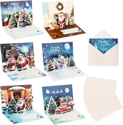 SULOLI 6 Piezas 3D Tarjetas de Navidad con Sobres，Tarjeta de Pop-Up de Felicitación 3D，Tarjeta Emergente de Navidad，Agradecimiento Feliz Navidad