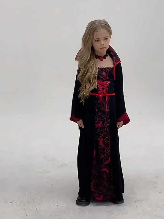 Disfraz de vampira niña rojo y negro en velour miniatura 7