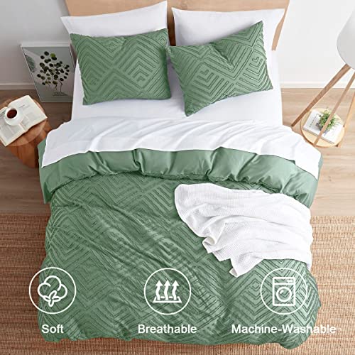 Image of Nestl Boho Duvet Cover Set - Textured Queen Bedding, 3 Piece Tufted Green Duvet Cover w /Zipper Closure, 90x90 Inch & 2 Pillow Shams