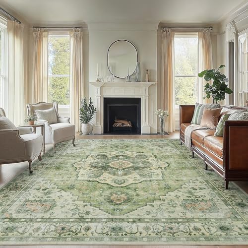 AMADA HOMEFURNISHING 8x10 Area Rug, Washable Low-Profile Large Area Rug with Non-Slip Backing & Durable Edge Binding, Vintage Large Rugs for Living Room, Bedroom