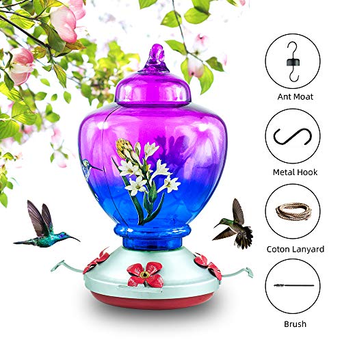 Evertree Hummingbird Feeder, Glass Hummingbird Feeders for Outdoors with 4 Feeding Ports and Perches, 26-Ounce Nectar Capacity, Including Ant Moat, Metal Hook, Lanyard and Brush
