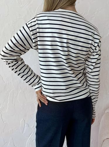 LilyCoco Women's Casual Striped Long Sleeve Shirts Crewneck Basic Loose Fit T Shirt2