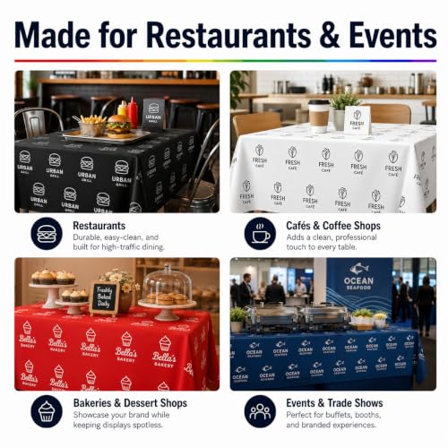 Image of Custom Disposable Tablecloth Roll, Continuous Plastic Table Cloth Roll | 54 in x 410 ft Plastic Table Cover with Cutter Single-Color All-Over Line Art or Text Table Cloths Disposable for Catering