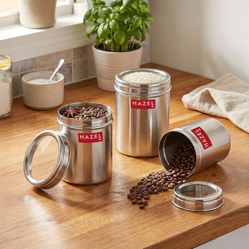 Image of HAZEL Stainless Steel Kitchen Container with Transparent Lid | Top See Through Kitchen Container Set with Matt Finish | Multipurpose Container for Kitchen Storage, Set of 3, 900 ML, 1100 ML, 1500 ML