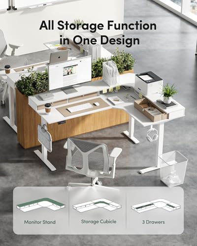 Image of FEZIBO L-Shaped Electric Standing Desk, 63 x 48 Inches Height Adjustable, Reversible Tabletop, Corner Desk with Drawers, Ergonomic Computer Table, White Top