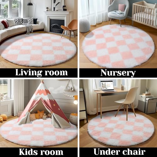 Image of KICMOR Pink Round Rug 4ft for Girls Bedroom, Fluffy Soft Circle Area Rug Cute Small Living Room Carpet, Indoor Fuzzy Shag Shaggy Checkered Circular Rugs for Kids Room Nursery Home Decor Aesthetic