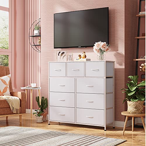 WLIVE-9-Drawer-Dresser-Fabric-Storage-Tower-for-Bedroom-Hallway-Nursery-Closet-Tall-Chest-Organizer-Unit-for-Kids-Bedroom-with-Fabric-Bins-Steel-Frame-Wood-Top-Easy-Pull-Handle-White