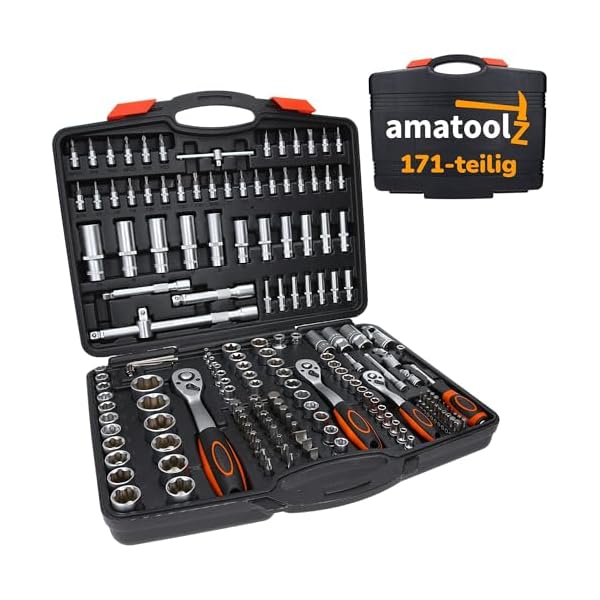 Amatoolz Ratschenkoffer 171 tlg I Werkzeugkoffer gefüllt I Ratschen Set groß I Ratschenkasten 1/2" 1/4" 3/8" Zoll I alle gängigen Bits und Nüsse enthalten