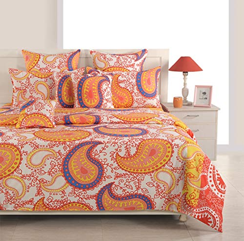 Image of Swayam Pure Cotton Double Bedsheet with 2 Pillow Covers | Size 90 x 100 inch | 160 TC | Ethnic Motifs Design | Soft Breathable Bed Sheet | Comfortable & Durable for Bedroom - Yellow & Orange