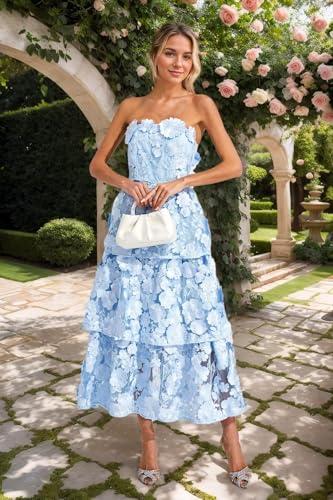 3D Floral Embroidery Prom Dresses Strapless Tiered Ruffle Formal Cocktail Party Gown3