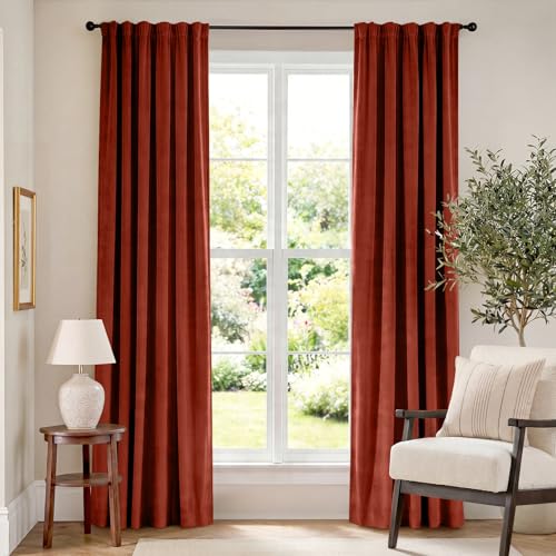 Image of Blackout Rust Red Velvet Curtains Rod Pocket 52x84 Inch 2 Panels | Soft Velvet, For Bedroom & Living Space, Light Shifting Texture, Elegant Luxury Drape, Charming, Rod Pocket
