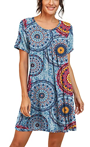 Image of PrinStory Nightgowns for Women Short Sleeve Night Gowns Pleated Sleep Shirt Ladies Nightshirt Soft Sleepwear