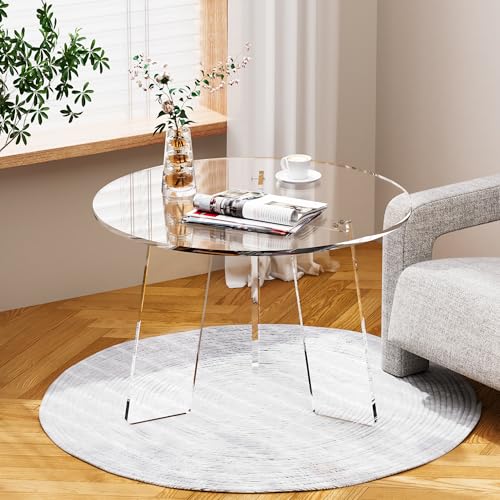Dewrhiixe Acrylic Coffee Table Round, Clear Circle Modern Lucite Side Table Legs for Living Room, Bedroom, Office (Clear, 23.6“ × 15.7”)