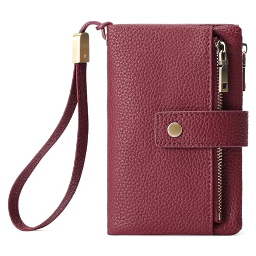 Image of SENDEFN Small Wallet for Women Leather RFID Blocking Wristlet Wallet Credit Card Holder with Double Zipper Coin Purse Ladies Bifold Purse (Wine Red)