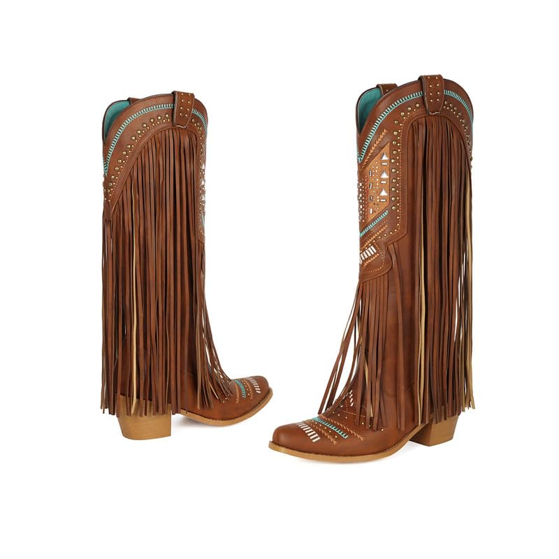 Stivali da cowboy da donna con ricamo, frange e borchie a blocco, stile vintage