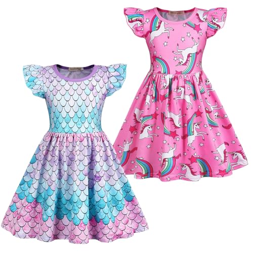 AmzBarley Girls Unicorn Dress Rainbow Animal Cartoon Swing Dresses Mermaid Fish Scale Casual Outfits 3-10Years