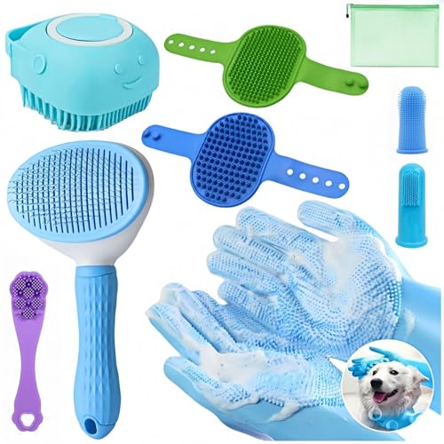 9-in-1 Pet Grooming Kit:Deshedding Brushs,Massage Gloves Brush,Silicone Finger Toothbrushes,Shampoo Bath Brushs,Slicker Brush – Complete Grooming Set for Dogs, Cats, and Small Animals