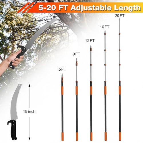 Image of AgiiMan 26FT Reach Pole Saws for Tree Trimming, Pole Saw with 5-20FT Telescoping Extension Pole, Pruning Saw with 19 inch 3X Detachable Saw, Non-Slip Handle, Tree Trimmer for Garden Palms Shrubs