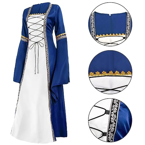 Feynman Medieval Costume Women - Retro Medieval Dress Gothic Palace Ladies Trumpet Sleeves Party Renaissance Costume, Blue, L - Image 2
