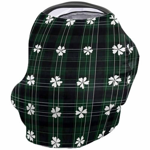 Nursing Cover for Breastfeeding Scarf, St. Patrick's Day Black Green Plaid White Shamrocks Baby Car Covers Super Soft Multi Use for Canopy Shopping Cart Cover Blanket Stroller Cover