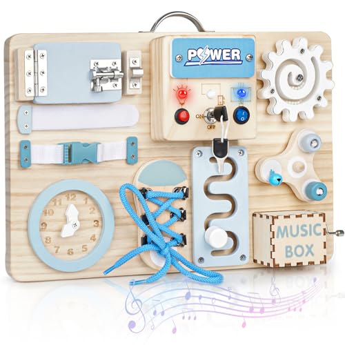Image of Joyreal Montessori Busy Board with LED Lights, Autism Sensory Travel Toys, Fidget Board Ideal Gift for Boys Girls Wooden Toddler Toys